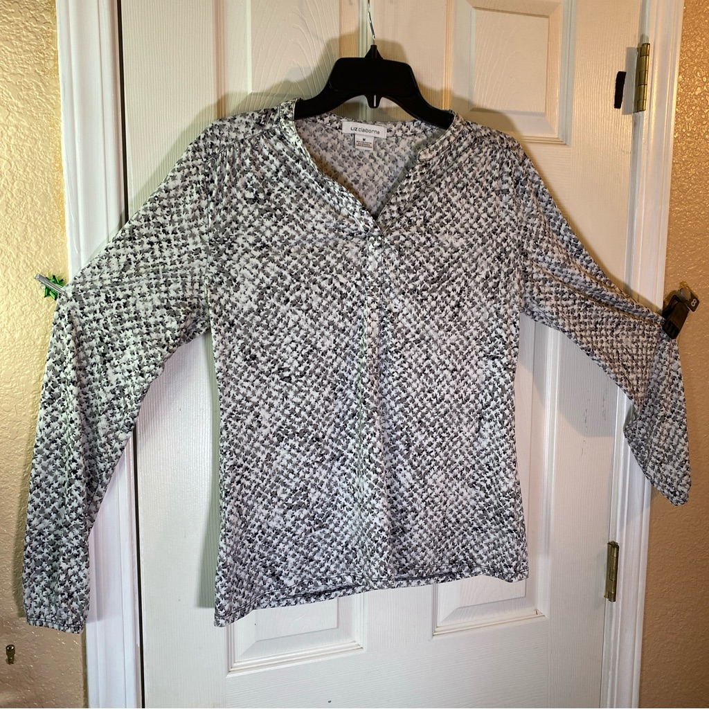 Liz Claiborne Women M Medium Top Blouse Long Sleeve Shirt V-Neck Abstract Relax